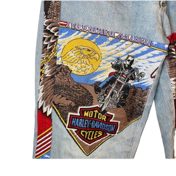 Harley Davidson Vintage Rare 100% Cotton Patch Straight Leg Jeans High Waist 32 - Picture 4 of 12